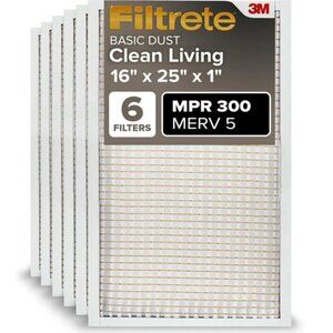 Filtrete 16X25X1 AC Furnace Air Filter, MERV 5, MPR 300, 6-Pack‎ Electrostatic